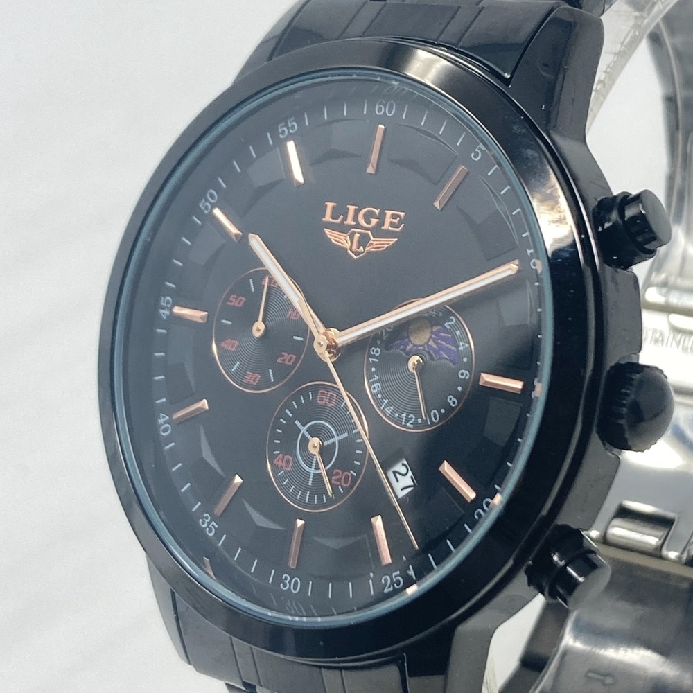 Lige Chronograph Watch Men 46mm Sun Moon Black Date New Battery 8.25"